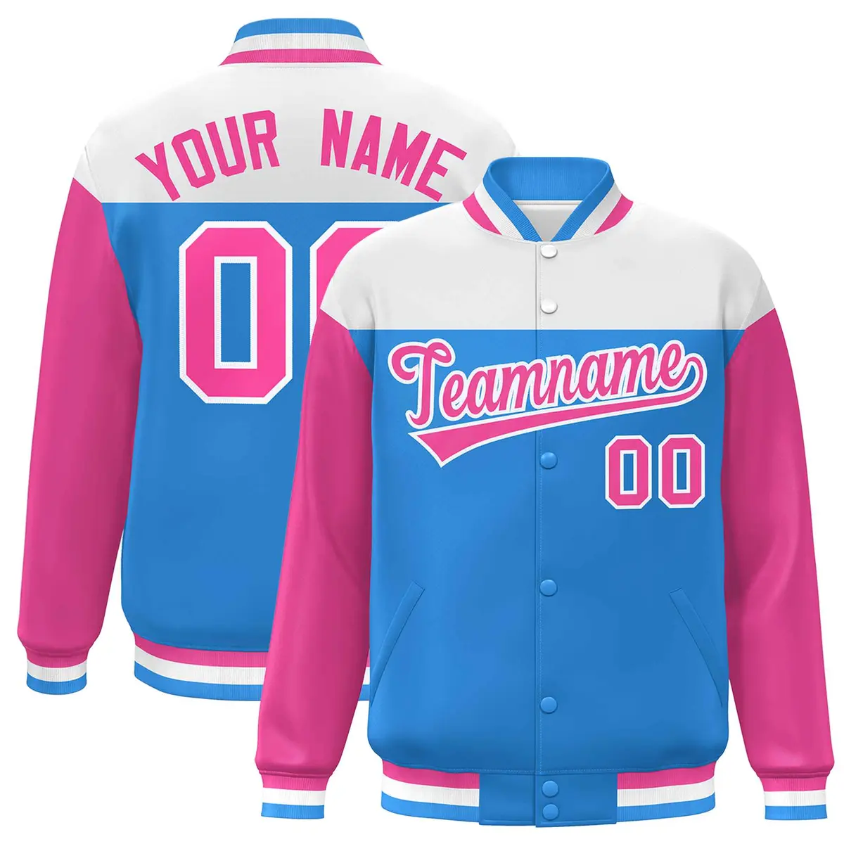 White Powder Blue-Pink Color Block Letterman Varsity Baseball Jacket