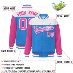 White Powder Blue-Pink Color Block Letterman Varsity Baseball Jacket 2