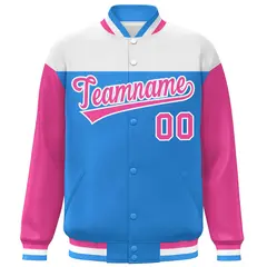 White Powder Blue-Pink Color Block Letterman Varsity Baseball Jacket 3