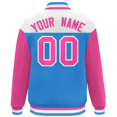 White Powder Blue-Pink Color Block Letterman Varsity Baseball Jacket 4