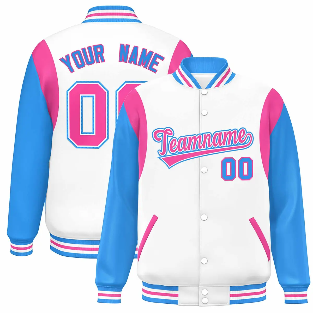 White Powder Blue-Pink Color Block Varsity Baseball Jacket