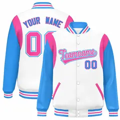 White Powder Blue-Pink Color Block Varsity Baseball Jacket 1