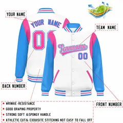 White Powder Blue-Pink Color Block Varsity Baseball Jacket 2