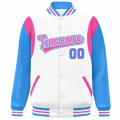 White Powder Blue-Pink Color Block Varsity Baseball Jacket 3