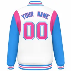 White Powder Blue-Pink Color Block Varsity Baseball Jacket 4