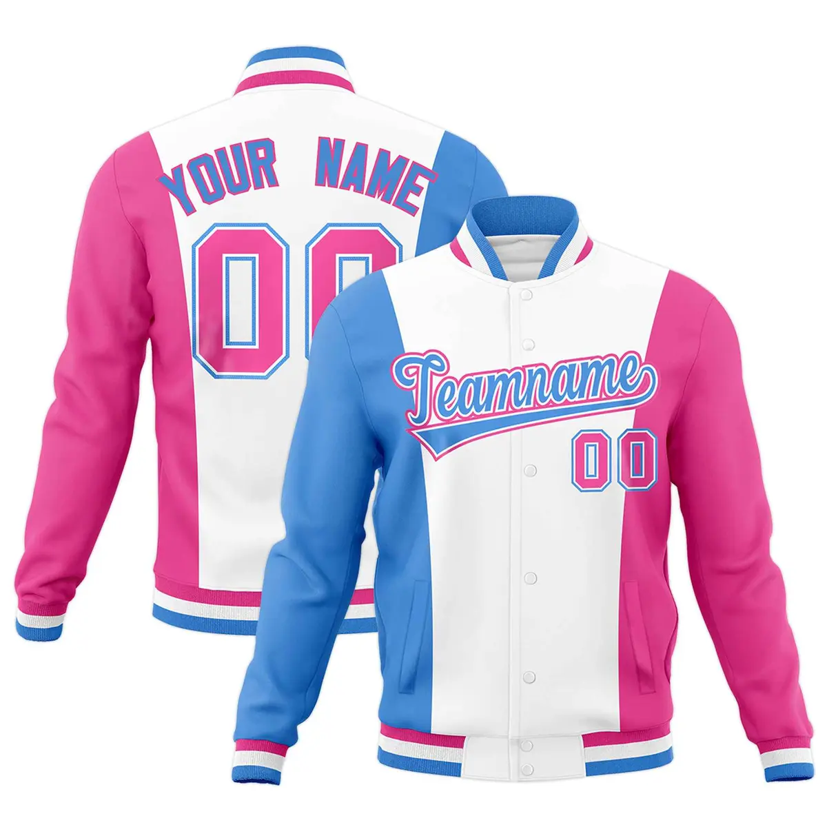 White Powder Blue Pink Color Block Varsity Letterman Jacket
