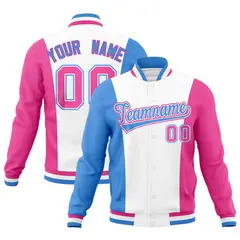 White Powder Blue Pink Color Block Varsity Letterman Jacket