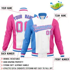 White Powder Blue Pink Color Block Varsity Letterman Jacket 2