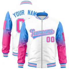 White Powder Blue-Pink Gradient Full-Zip Letterman Bomber Jacket