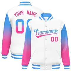 White Powder Blue-Pink Gradient Varsity Full-Snap Raglan Baseball Jacket 1