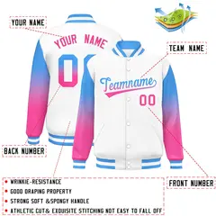 White Powder Blue-Pink Gradient Varsity Full-Snap Raglan Baseball Jacket 2