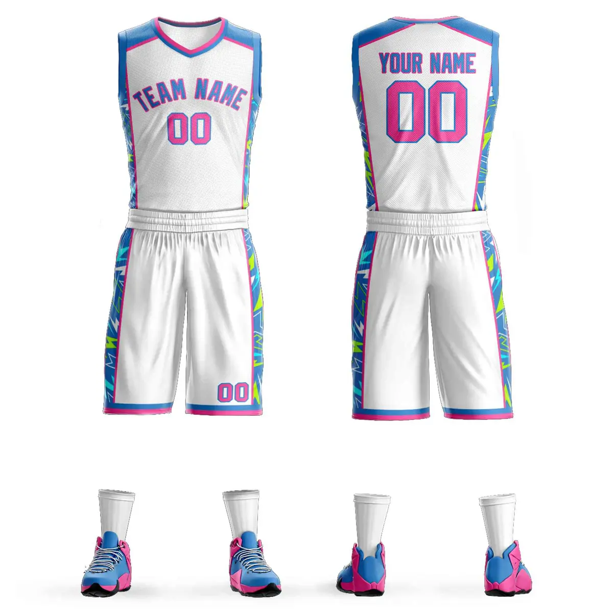 White Powder Blue-Pink Graffiti Lightning Basketball Jersey