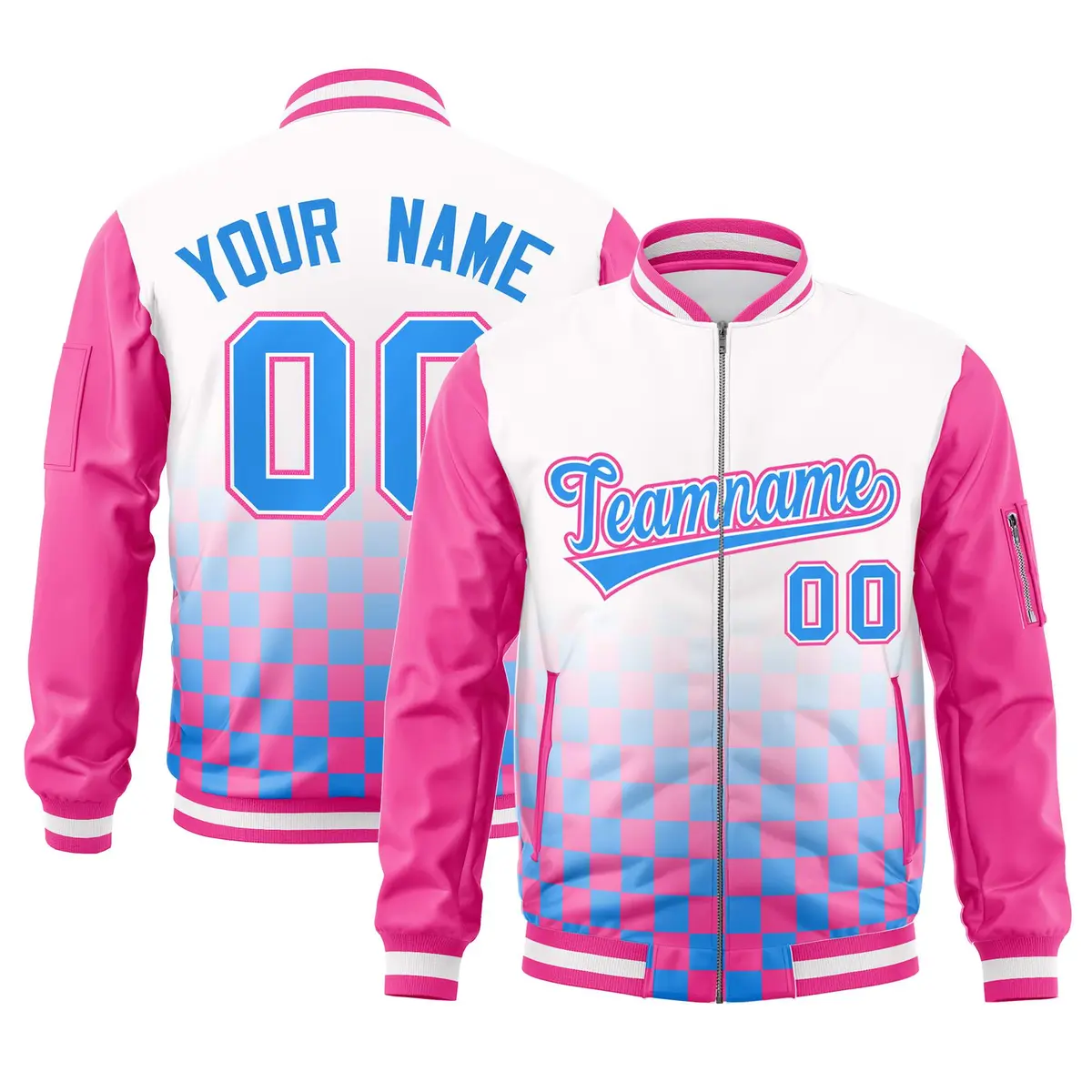 White Powder Blue-Pink Grid Color Block Letterman Raglan Jacket