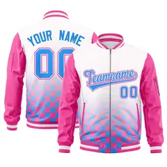 White Powder Blue-Pink Grid Color Block Letterman Raglan Jacket 1