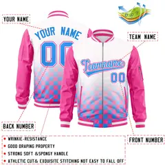 White Powder Blue-Pink Grid Color Block Letterman Raglan Jacket 2