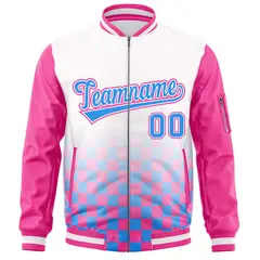 White Powder Blue-Pink Grid Color Block Letterman Raglan Jacket 3