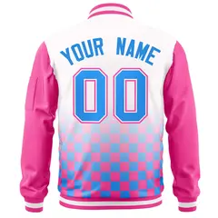 White Powder Blue-Pink Grid Color Block Letterman Raglan Jacket 4