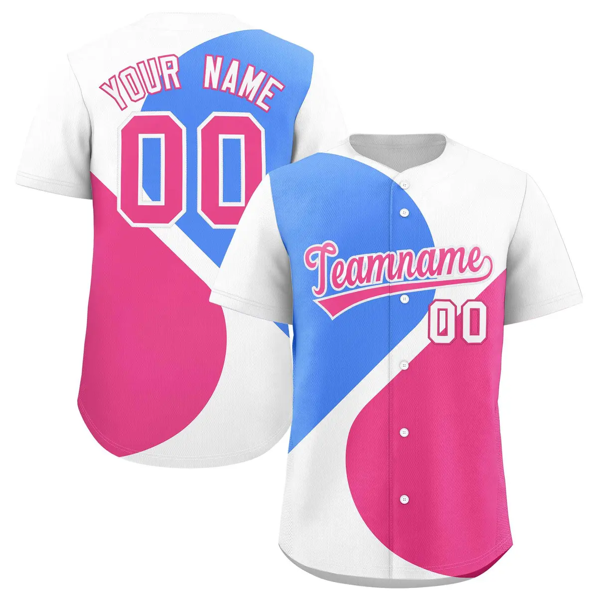 White Powder Blue-Pink Half Heart Color Block Baseball Jersey