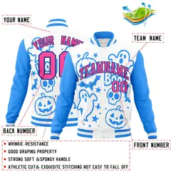 White Powder Blue Pink Halloween Bats Pumpkins Ghost Letterman Jacket 2