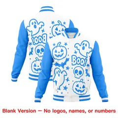 White Powder Blue Pink Halloween Bats Pumpkins Ghost Letterman Jacket 7