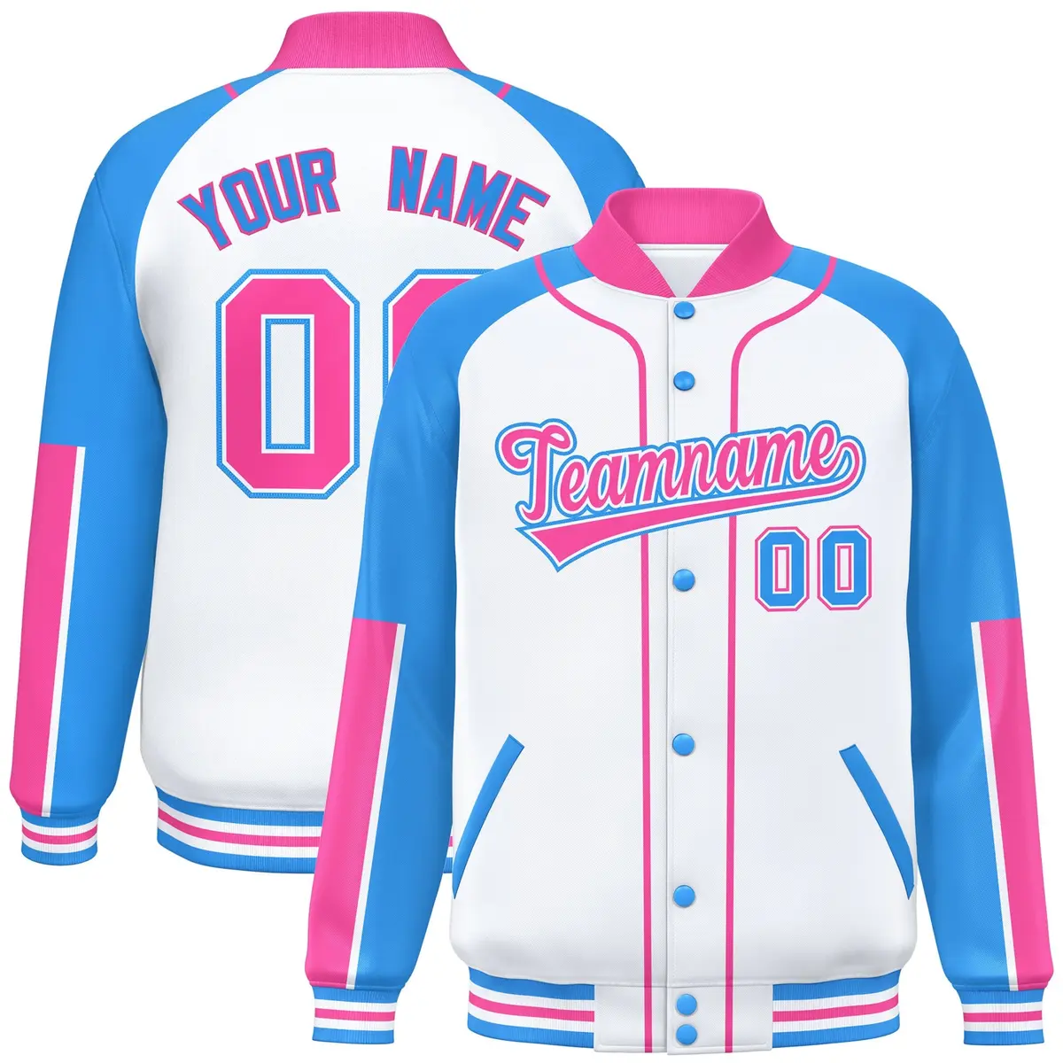 White Powder Blue-Pink Raglan Full-Snap Letterman Baseball Jacket