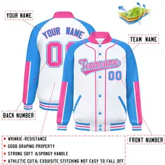 White Powder Blue-Pink Raglan Full-Snap Letterman Baseball Jacket 2