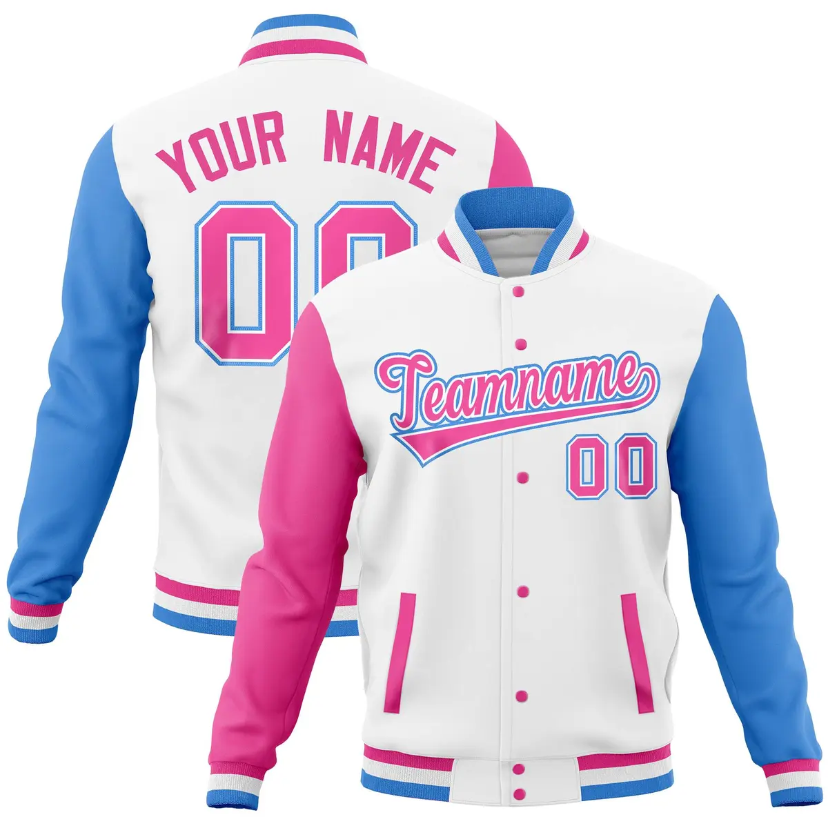 White Powder Blue Pink Raglan Full-Snap Varsity Letterman Baseball Jacket
