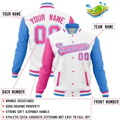 White Powder Blue Pink Raglan Full-Snap Varsity Letterman Baseball Jacket 4
