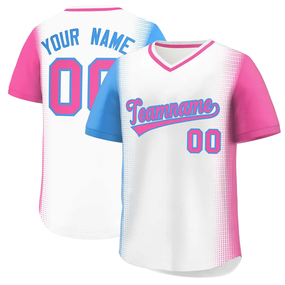 White Powder Blue-Pink Raglan Pullover Baseball Jersey