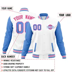 White Powder Blue Pink Raglan Sleeve Cotton Letterman Jacket 2