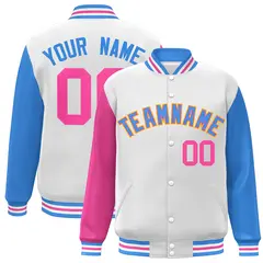 White Powder Blue-Pink Raglan Varsity Full-Snap Letterman Jacket