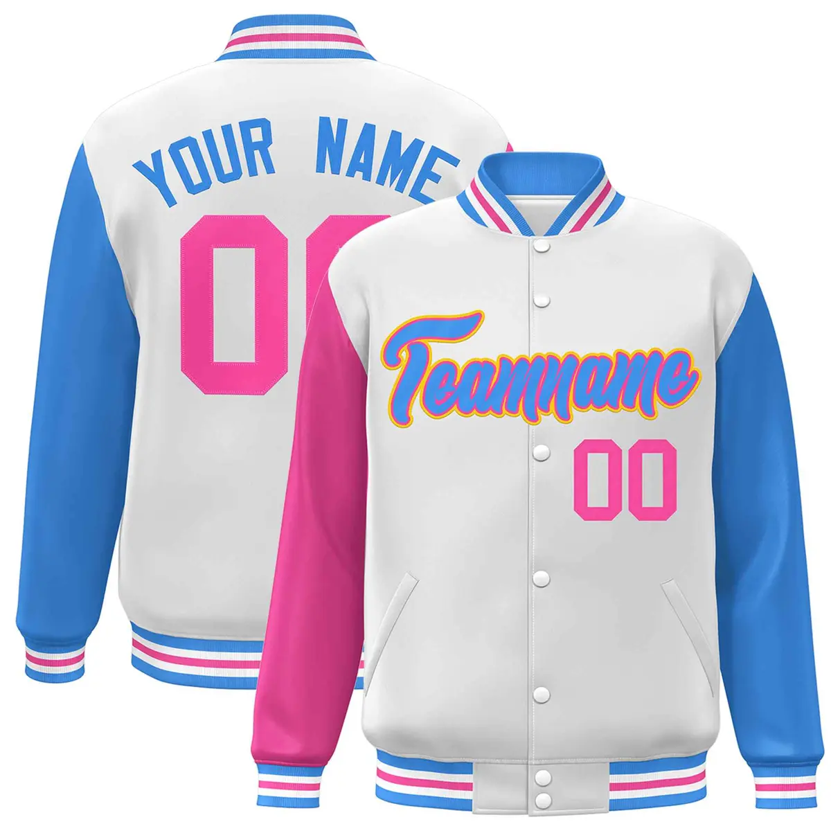 White Powder Blue-Pink Raglan Varsity Full-Snap Letterman Jacket