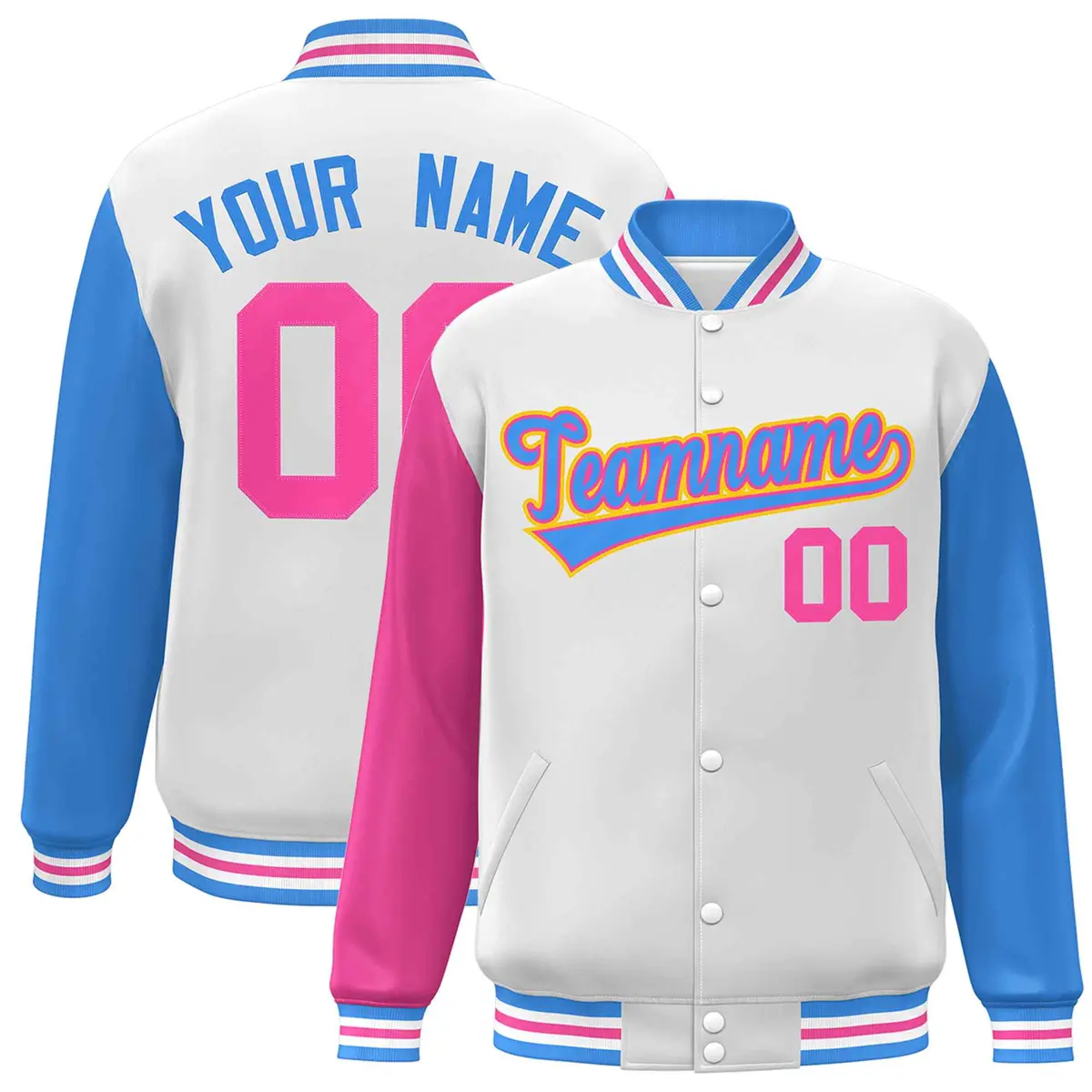 White Powder Blue-Pink Raglan Varsity Full-Snap Letterman Jacket