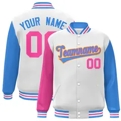 White Powder Blue-Pink Raglan Varsity Full-Snap Letterman Jacket