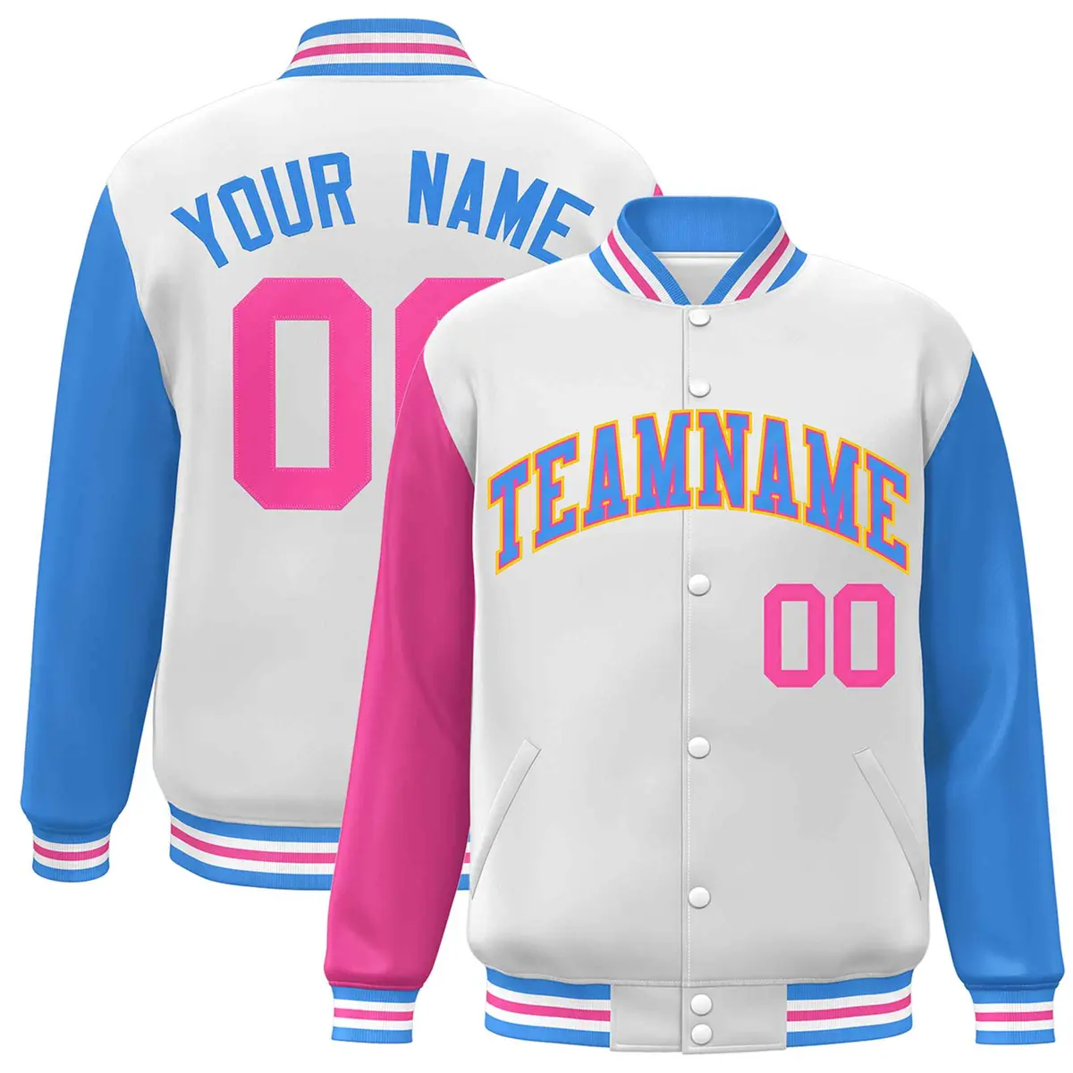 White Powder Blue-Pink Raglan Varsity Full-Snap Letterman Jacket