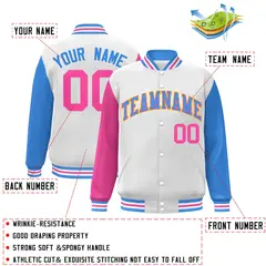 White Powder Blue-Pink Raglan Varsity Full-Snap Letterman Jacket 2