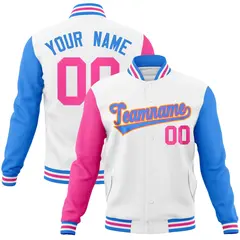 White Powder Blue-Pink Raglan Varsity Full-Snap Letterman Jacket