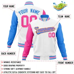 White Powder Blue-Pink Raglan Varsity Full-Snap Letterman Jacket 4