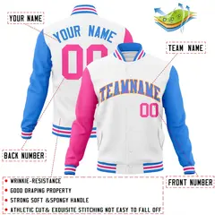White Powder Blue-Pink Raglan Varsity Full-Snap Letterman Jacket 4