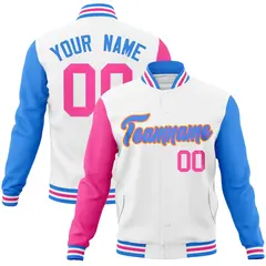 White Powder Blue-Pink Raglan Varsity Full-Snap Letterman Jacket 1