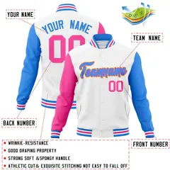 White Powder Blue-Pink Raglan Varsity Full-Snap Letterman Jacket 4