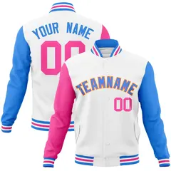 White Powder Blue-Pink Raglan Varsity Full-Snap Letterman Jacket