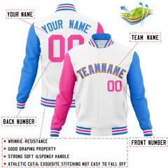 White Powder Blue-Pink Raglan Varsity Full-Snap Letterman Jacket 4