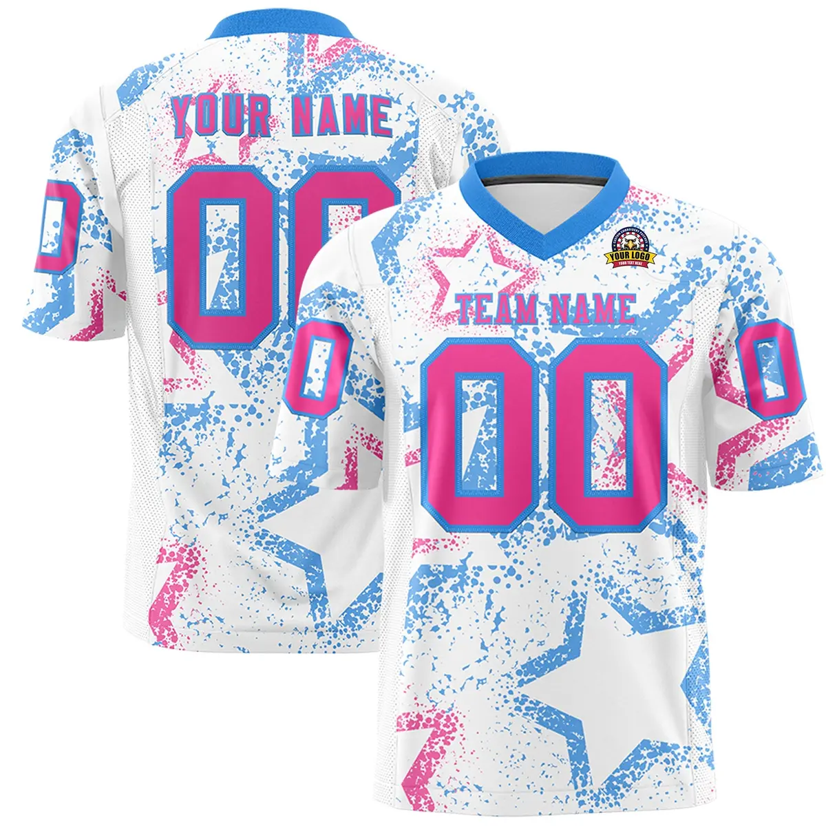 White Powder Blue-Pink Star Graffiti Pattern Football Jersey