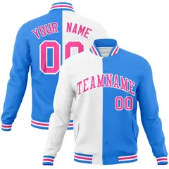 White Powder Blue Pink Two Tone Split Varsity Full-Snap Letterman Jacket 1