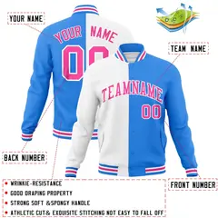 White Powder Blue Pink Two Tone Split Varsity Full-Snap Letterman Jacket 4