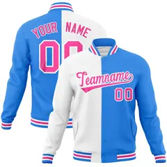 White Powder Blue Pink Two Tone Split Varsity Full-Snap Letterman Jacket 1
