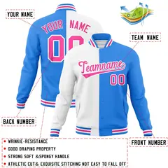 White Powder Blue Pink Two Tone Split Varsity Full-Snap Letterman Jacket 4