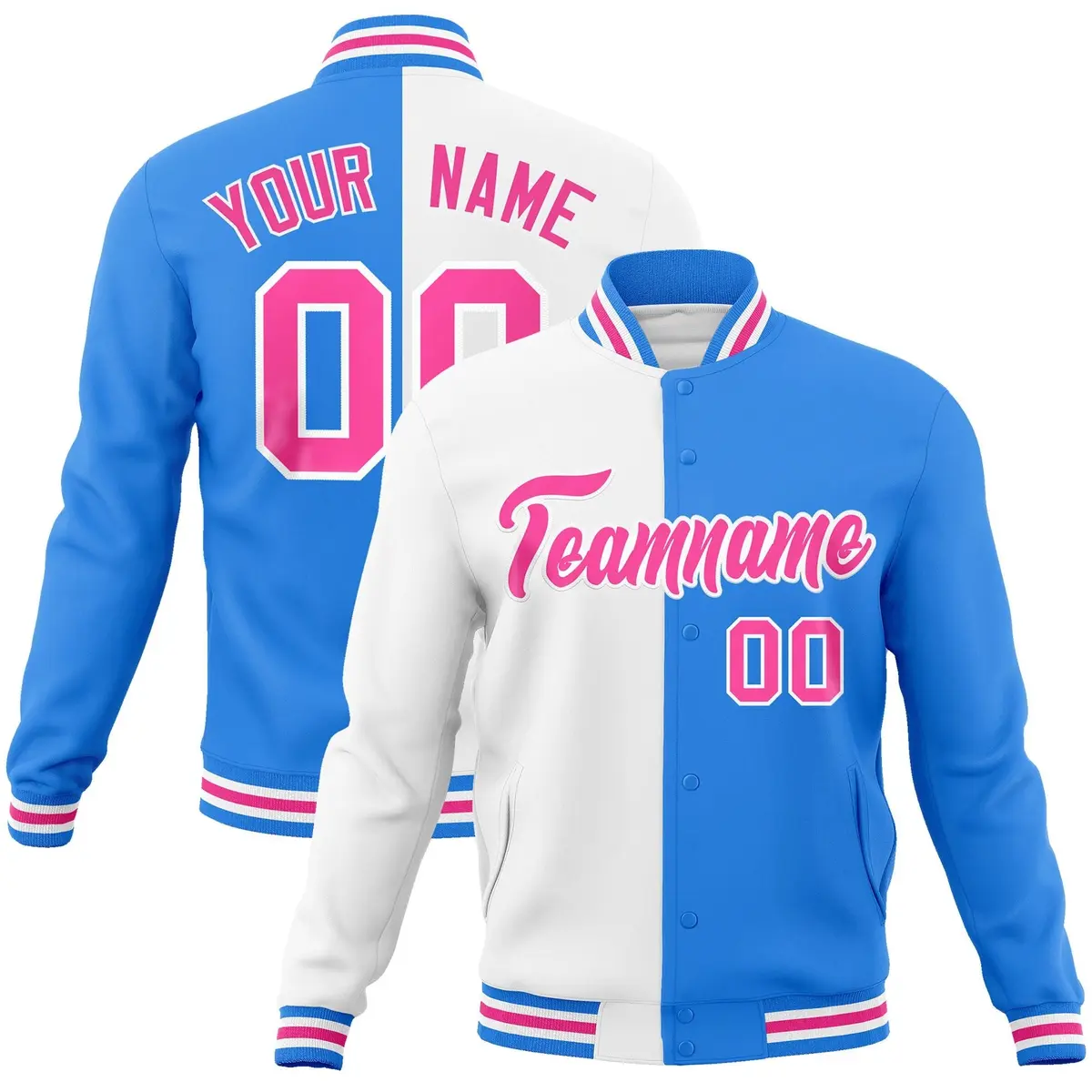 White Powder Blue Pink Two Tone Split Varsity Full-Snap Letterman Jacket