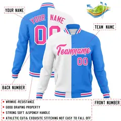 White Powder Blue Pink Two Tone Split Varsity Full-Snap Letterman Jacket 4